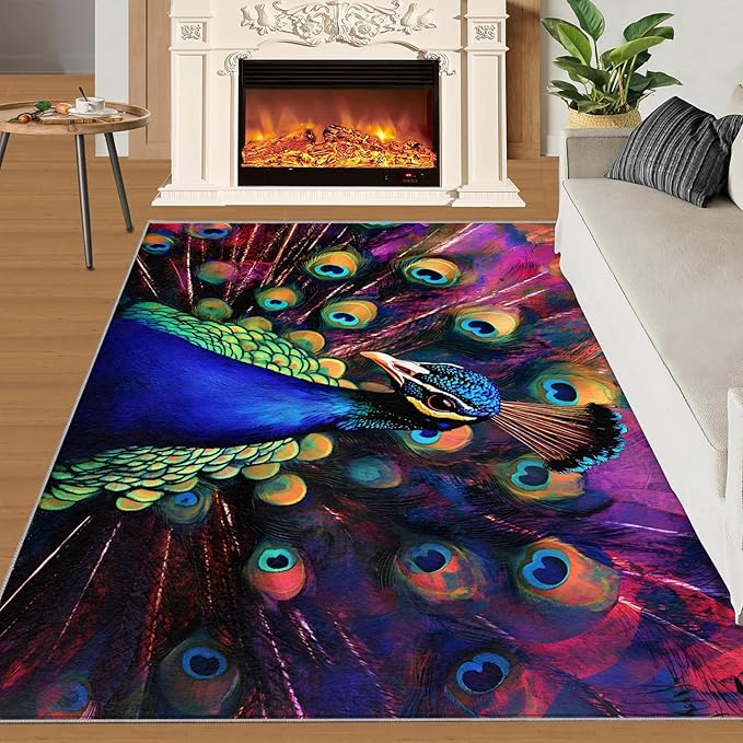 Peacock Rugs for Bedroom - 5x8 Area Rug - Watercolor Peacock Rugs for Living Room, Abstract 3D Animal Rug, Non-Slip Washable Home Decor Carpet