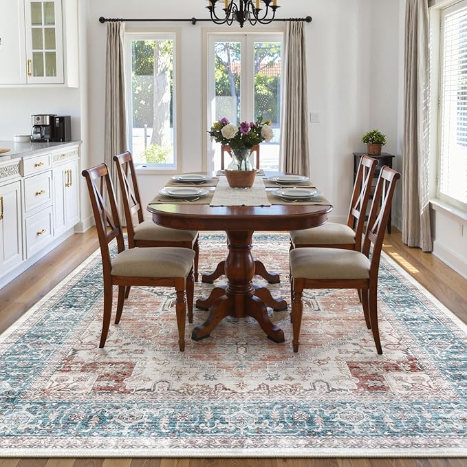 LIVEBOX 8x10 Washable Area Rug - Large Vintage Tribal Living Room Rug Oriental for Bedroom, Non-Slip Retro Medallion Carpet Print Distressed for Dining Room Guest Office