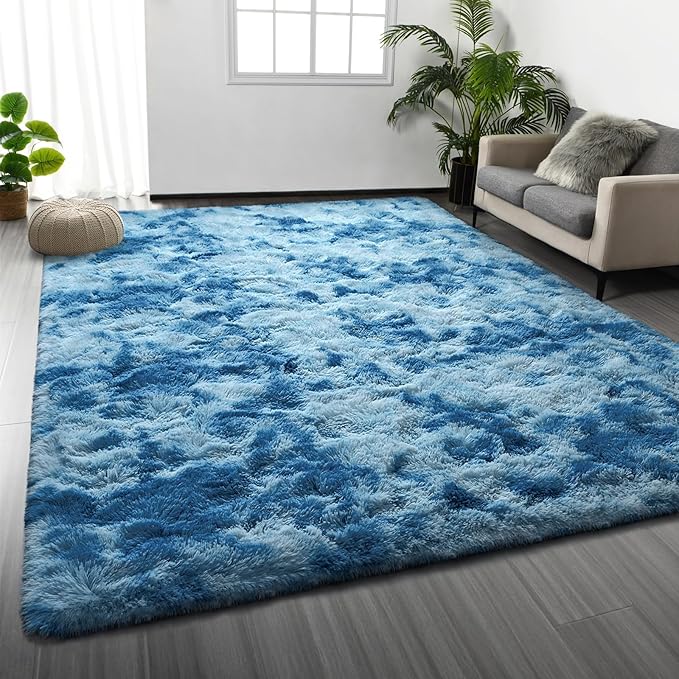 Large Shag Area Rugs 6 x 9, Tie-Dyed Plush Fuzzy Rugs for Living Room, Ultra Soft Fluffy Furry Rug for Bedroom, Indoor Carpet Nursery Rugs for Kids Room Home Decor, Bright Blue