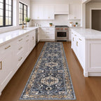KOZYFLY Runners for Hallways 3x14 Ft Extra Long Washable Kitchen Thin Runner Rug Boho Runner Rug for Entryway Indoor Printed Faux Wool Stair Floor Carpet for Stair Kitchen Hall, Gold/Navy