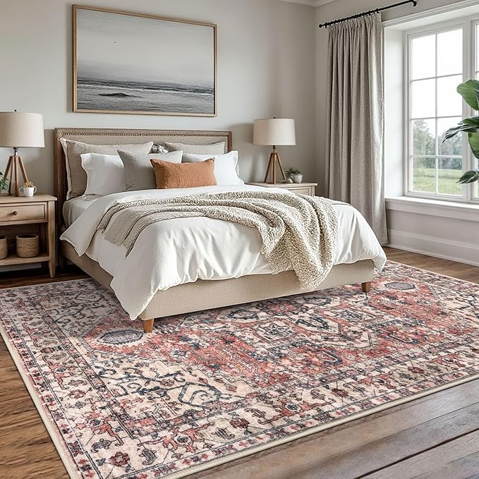 KOZYFLY Area Rug 8x10 Ft Thin Rugs for Living Room Washable Bedroom Rug Non Slip Rugs for Living Room Printed Faux Wool Vintage Bedroom Rug Floor Carpet for Dining Room, Terracotta/Beige