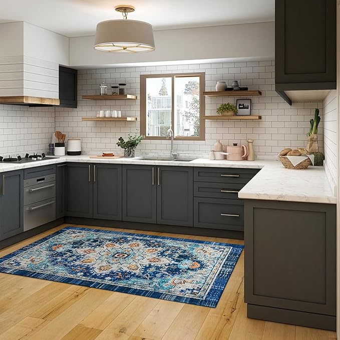 Easy-Going Area Rug 4x6 Washable Boho Rugs for Living Room Non-Slip Bedroom Rug Low Pile Lightweight Tangerine Vintage Throw Rug for Dining Room Kitchen Home Office Carpet, Floral Aqua Yellow