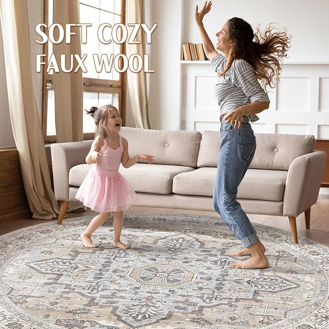 Round Rug Living Room Rugs: 6x6 Washable Boho Neutral Large Circle Soft Indoor Distressed Stain Resistant Floor Farmhouse Carpet for Bedroom Nursery Kids Playroom Office Dining Room Dorm- Cream Gray