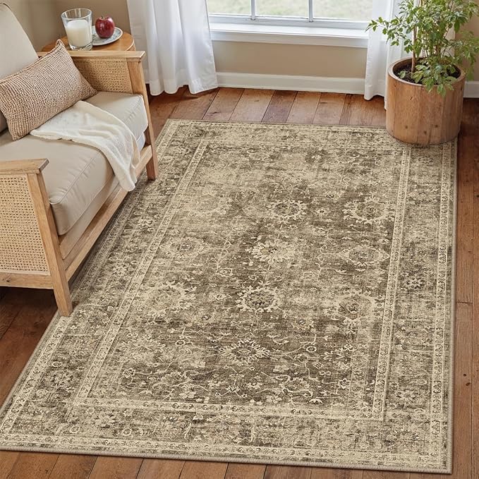 4x5 Washable Area Rug for Entryway Office Brown Vintage Non-Slip Low Pile Distressed Rustic Carpet Lightweight Vacuumable Soft Throw Rug for Living Room Indoor Dining Room