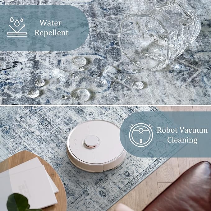 Morebes Vintage Kitchen Rugs Non Slip Washable Rug Runner,Non Skid Bath Mat Runner,Distressed Long Bathroom Rug Indoor Floor Carpet for Room Hallway Entryway Laundry Foyer, Blue-Gray