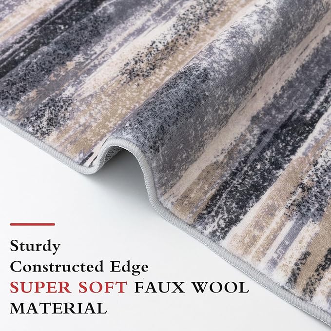 Modern Abstract Runner Rug 2.6x10, Grey Black Multi Washable Long Kitchen Runner Non-Slip Soft Hallway Rug Runner Thin Print Faux Wool Carpet for Entryway Bedroom Laundry Room Indoor Home Decor