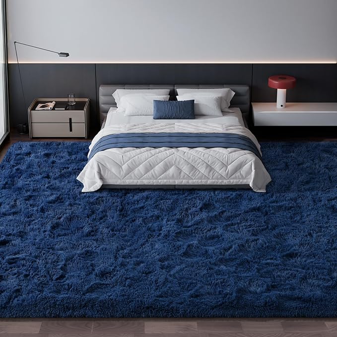 Large Shag Area Rugs 10 x 14, Plush Fuzzy Rugs for Living Room, Ultra Soft Fluffy Furry Rug for Bedroom, Anti-Skid Indoor Solid Carpet Nursery Rugs for Kids Room Home Decor, Navy Blue