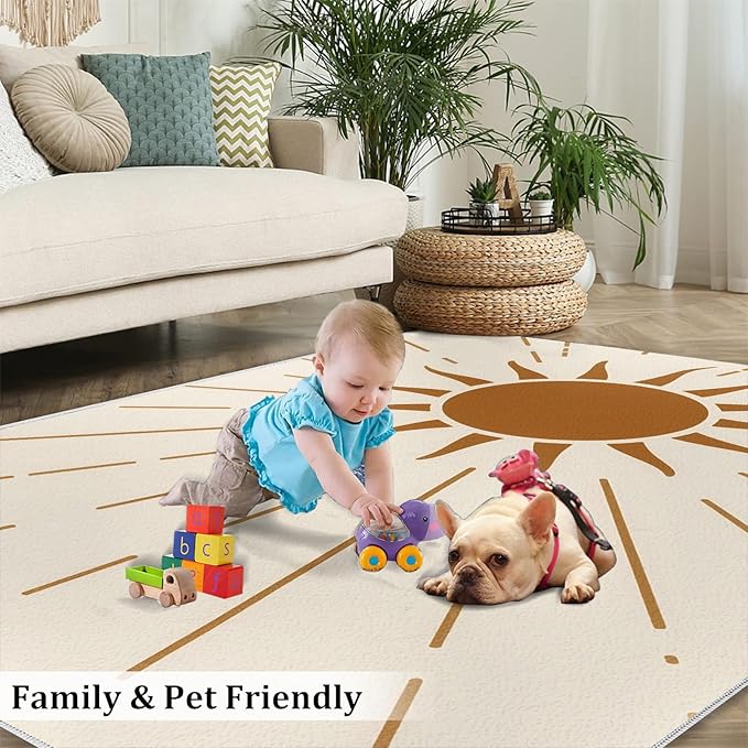 Boho Sun Area Rugs 8x10ft, Radiant Sunburst Area Rug for Living Room, Geometric Solar Modern Rug with Double Sided Carpet Tape for Bedroom Men Room Decor