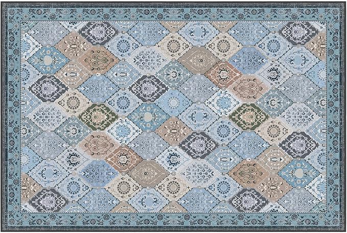 Phantoscope Washable Area Rug 6'x9' Non-Slip, Vintage Boho Rugs for Living Room, Bedroom, Dining Room, Distressed Moroccan Mosaic Diamond Pattern, Low-Pile Foldable Floor Carpet, Blue Teal/Neutral