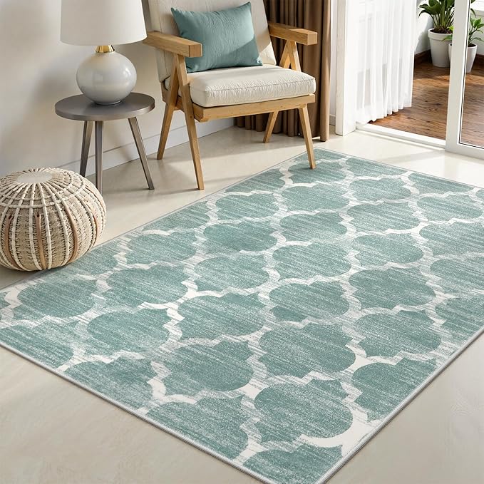 Lahome Moroccan Washable 3x5 Entryway Rug - 3x5 Area Rugs for Bedroom Throw Non-Slip Low-Plie Kitchen Rugs Soft Sage Distressed Capet for Office Bathroom Living Laundry Room Dining Room