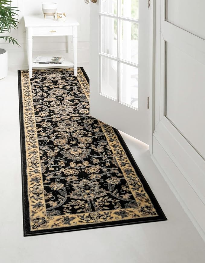 Rugs.com Yasmin Collection Rug – 16 Ft Runner Black Medium Rug Perfect for Hallways, Entryways