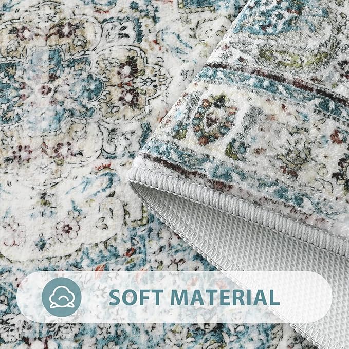 Uphome Bathroom Rugs Runner, Distressed Farmhouse Boho Blue Bath Mat, Non Slip Washable Long Bath Rugs, Vintage Traditonal Soft Velvet Bathroom Runner for Bathtub Sink Shower, 20x60 inch