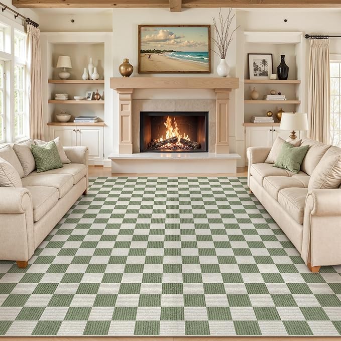 LIVEBOX 9x12 Area Rugs for Living Room, Checkered Non-Slip Washable Rugs, Farmhouse Neutral Classic Geometric Large Boys Area Rug for Bedroom, Carpet for Living Dining Room Office(Sage Green,9'x12')