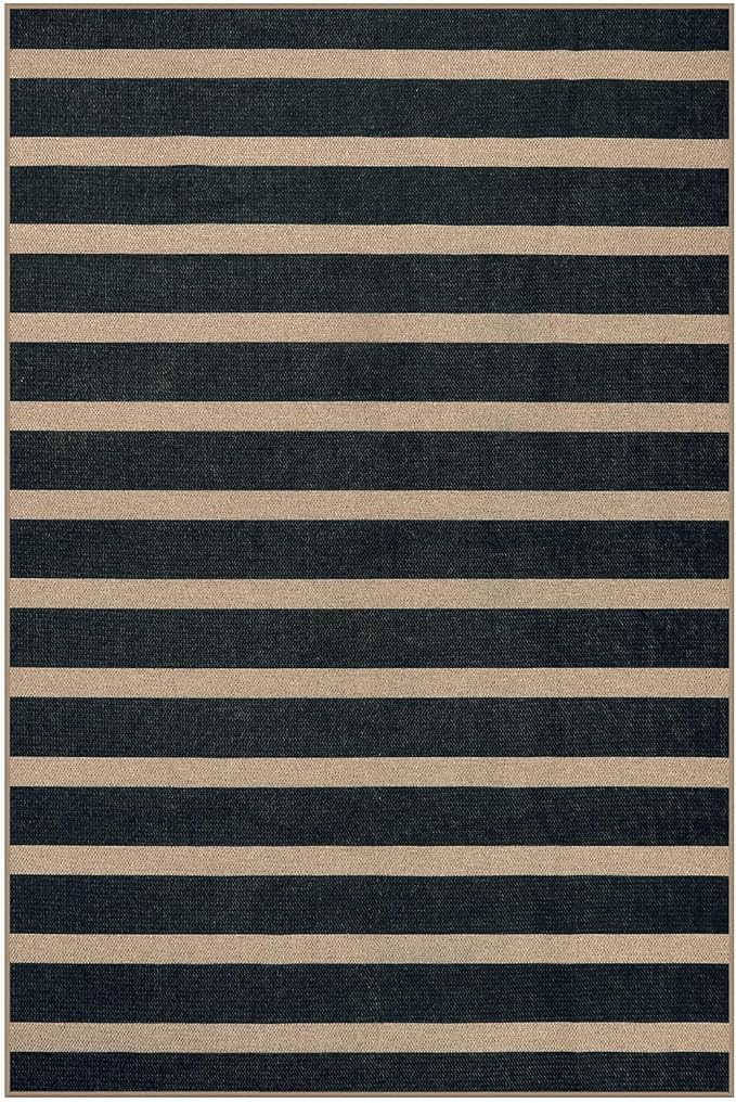 Lahome Striped Easy Jute Area Rug 6x9, Outdoor Patio Rug Neutral Black Carpet for Living Room Classroom, Farmhouse Low Pile Non Slip Non Shedding Floor Carpet for Dining Room Office