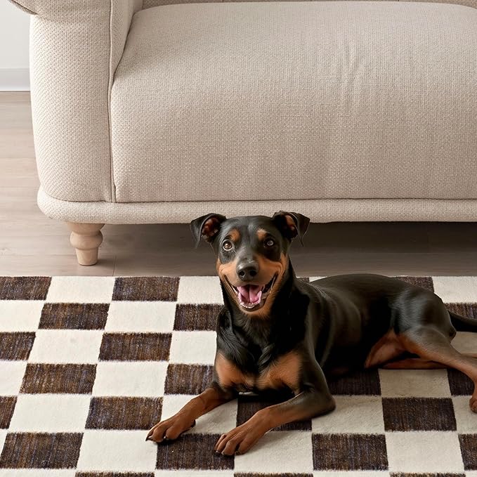 EVERGRACE Checkered Plaid Area Rug, 9x12, Soft Faux Wool, Washable, Anti Slip, Large Carpet for Entryway, Bedroom, Living Room, Hallway, Kitchen, Dining Room, Dark Brown