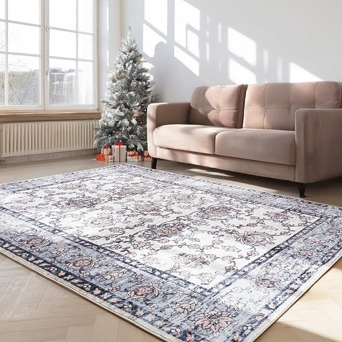 4x6 Washable Area Rug – Dusty Lavender & Gray Vintage Carpet with Charcoal Border, Watercolor Floral and Foliage Pattern, Boho Chic Non-Slip Indoor Rug for Bedroom, Living Room, Dining Room, Entryway