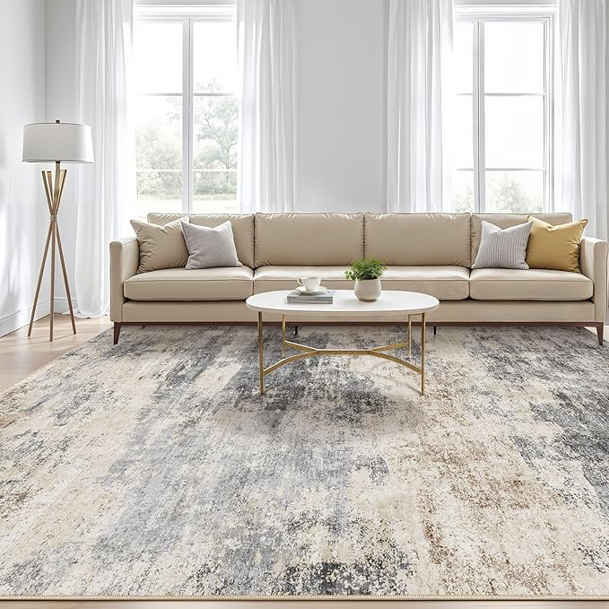 10x14 Area Rugs Living Room: Washable Large Abstract Modern Soft Rug Stain Resistant Indoor Floor Non Slip Accent Carpet for Bedroom Nursery Playroom Office Dining Room Dorm Home House- Gray Brown