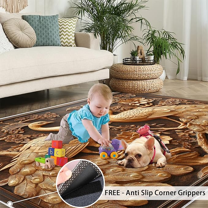 Peacock Rugs for Bedroom - 3x4 Rug, European Style Area Rugs for Living Room, Peacock Decor Carpet, Gold Peafowl Washable Area Mat, Luxury Carpet - Peafowl Home Decor & Gifts