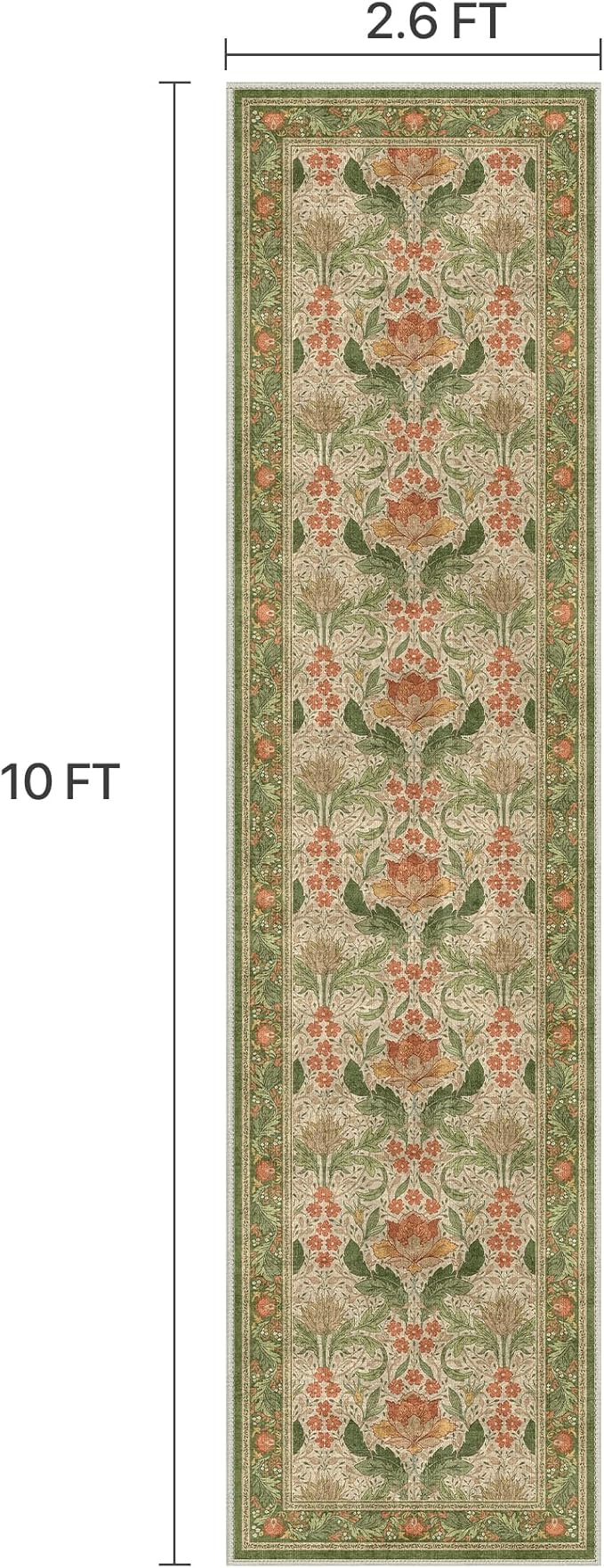 Bavni 2'6''x10 Runner Rug,Microfiber Washable Non-Slip Vintage Floral Rugs,Low Pile Lightweight Carpet for Bedroom,Hallway,Entryway,Kitchen,Bathroom, Sage Green & Burnt Orange