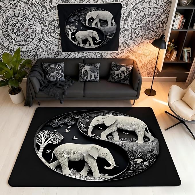 Elephant Area Rug 3x5 Bohemian Style Rugs for Living Room | Antique Decor Yin and Yang Washable Rug, Western Animals Carpet Indoor Floor Mat,Black Grey Beige