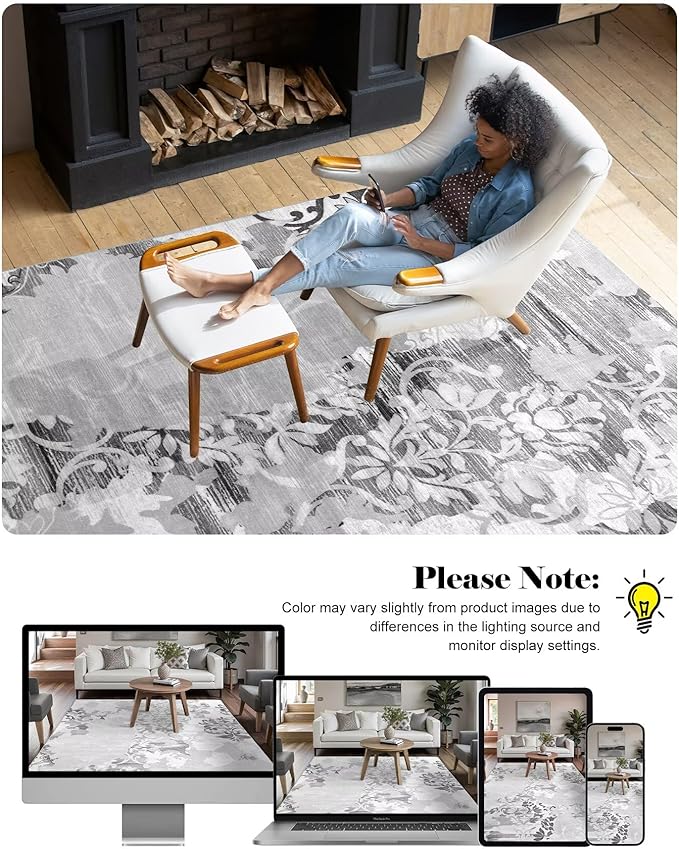Washable Abstract Rug, 6x9 Classic Grey and White Floral Area Rugs with Non-Slip Rubber Backed for Living Room, Low Pile Modern Throw Carpet Bedroom Dining Room Decor