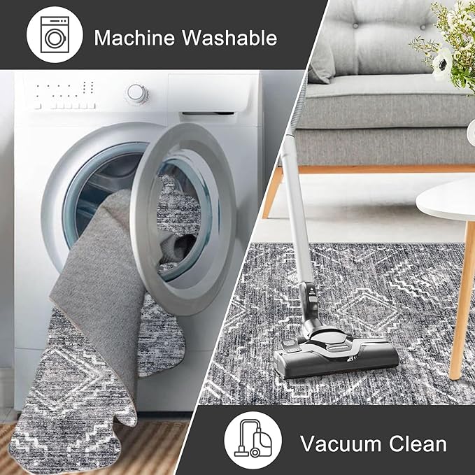 KILOCOCO Boho Kitchen Runner Rug 2x5 Washable Runner Rug Soft Runners for Hallways Non Slip Printed Distressed Laundry Room Rugs, Low-Pile Runners for Entryway Bedroom Living Room, Grey