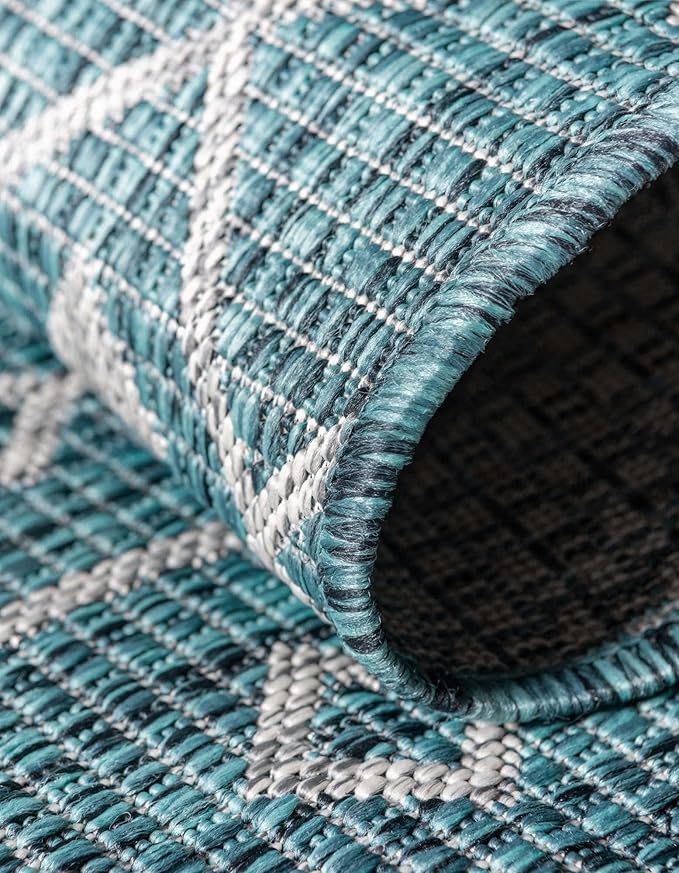 Unique Loom Outdoor Trellis Collection Area Rug - Tribal Trellis (6' 1" Square Teal/Ivory)