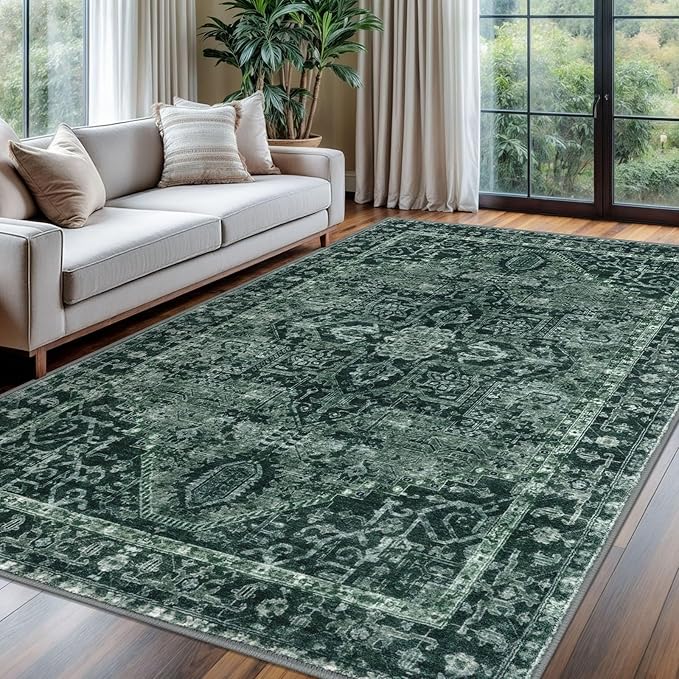 KOZYFLY Boho Area Rug 6x9 Ft Thin Washable Rugs for Bedroom and Living Room Faux Wool Printed Throw Carpet Non Slip Rug for Entryway Kitchen Dining Room, Dark Green