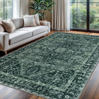 KOZYFLY Boho Area Rug 6x9 Ft Thin Washable Rugs for Bedroom and Living Room Faux Wool Printed Throw Carpet Non Slip Rug for Entryway Kitchen Dining Room, Dark Green