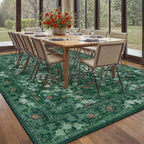 Washable Farmhouse Green 9x12 Rug for Living Room - Boho Floral Art Deco Area Rug for Bedroom, Dining Room Under Kitchen Table, Large Distressed Low Pile Non Slip Carpet - Soft Botanical Mat