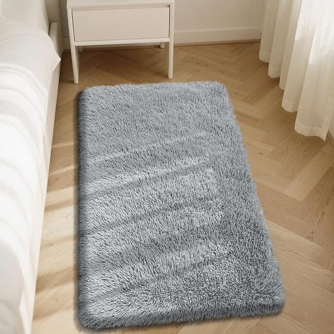 Fluffy Rug Shaggy Area Rug, Grey 3x5 Area Rugs for Bedroom, Small Bedside Rug, Soft Fluffy Shaggy Entryway Throw Rugs for Living Room Bedroom Kids Room Home Decor