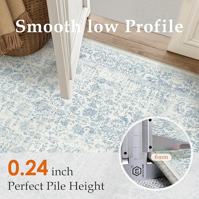 Blue Runner Rug 3x12 Hallway Machine Washable Kitchen Vintage Distressed Non Slip Long Carpet Indoor Retro Floral Bedroom Accent Throw Rug for Bathroom Office Laundry Dining Room