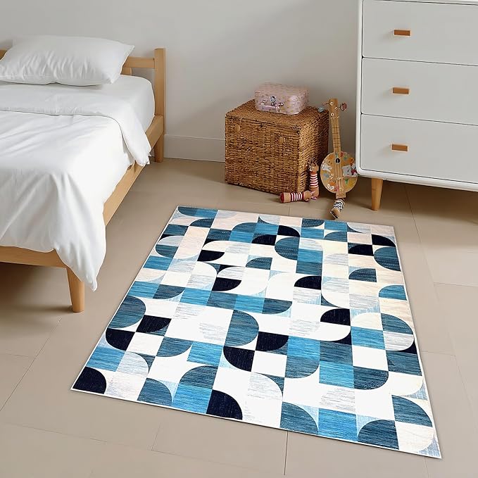 3x5 Rugs Machine Washable, Modern Abstract Area Rugs for Bedroom Entryway Living Room Bedside Low-Pile, Boho Small Throw Floor Carpet Non Slip Soft Indoor Rug Ultra-Thin Navy Blue