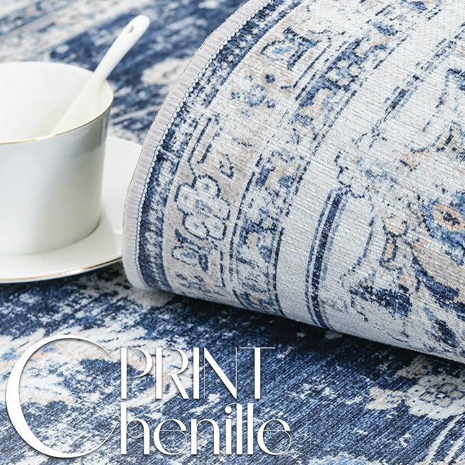 jinchan Fiora Hallway Runner Rug 3x10 Machine Washable Runner Rug Dark Blue Vintage Floral Design Non-Slip Low Pile Ultra-Thin for Kitchen Laundry Room Bedroom Farmhouse (3‘x10', Dark Blue)