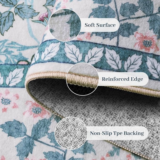 9x12 Area Rug Living Room Rug - Floral Vintage Forest Washable Carpet, Low Pile Non-Slip Stain Resistance Boho Soft Large Carpet for Bedroom, Dining Room Under Table, Farmhouse (9'x12' Blue/Pink)