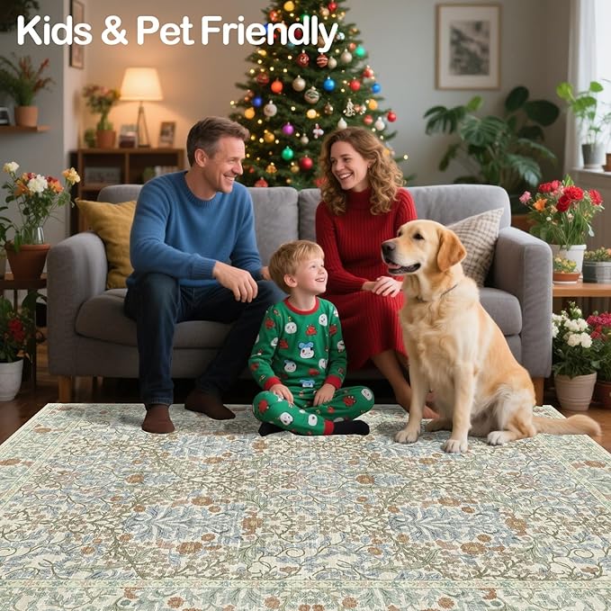 Vintage Beige Blue Living Room Rug, 9x12 Washable Area Rugs for Dining Room Under Table, Soft Low Pile Large Carpet Bedroom, Non-Slip Boho Floral (9 x 12 Beige Blue)