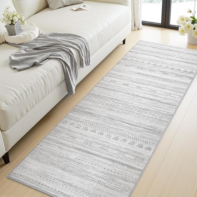 2x8 Runner Rug Machine Washable Non Slip Area Rug Distressed Neutral Moroccan Boho Rug Ultra Soft Floor Runners for Hallways for Entryway Laundry Room Kitchen, Grey