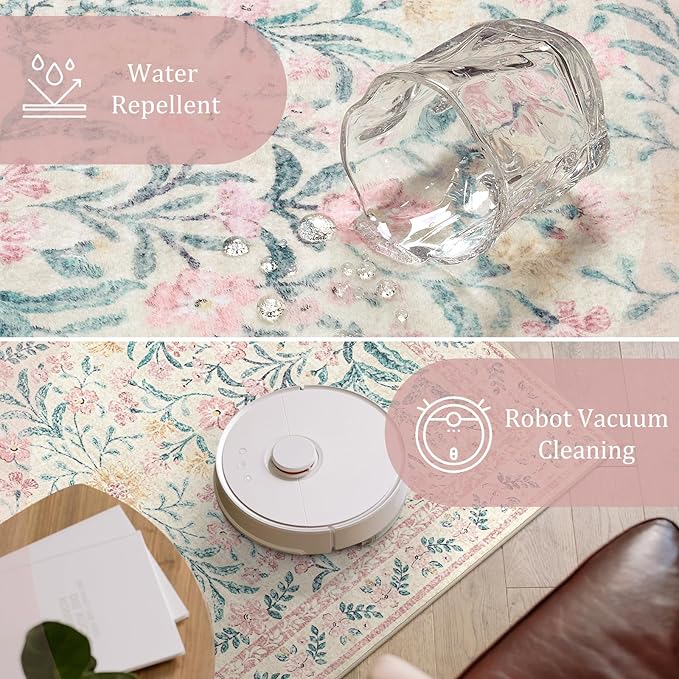 Morebes Washable Area Rugs 9x12 Living Room, Large Pink and White Floral Rug for Bedroom, Ultra-Thin Boho Rug Non Slip Distressed Soft Carpet for Nursery Girls Home Dining Room Decor