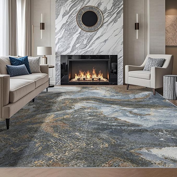 Modern Washable Rug for Living Room: Abstract 9x12 Area Rugs for Bedroom Low Pile Non Slip - Stain Resistant Carpet for Dining Room Indoor - Grey Gold
