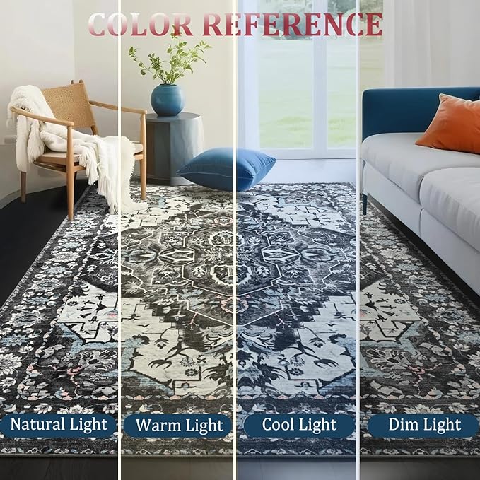 Area Rugs 6x9 for Living Room, Bedroom, Washable Vintage Rugs -Low Pile Distressed Rugs for Kitchen, Dining Room, Water Repellent & Non Shedding, Black and Blue