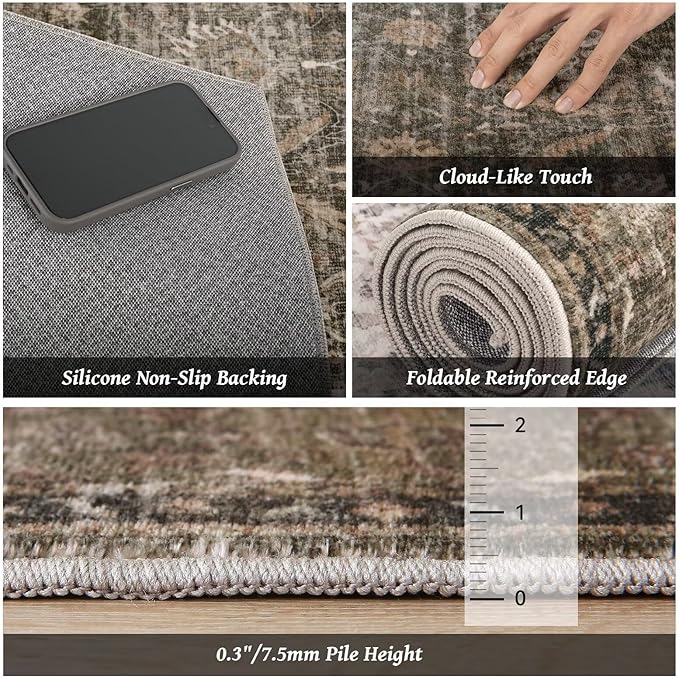 Washable 3x5 Entryway Rug, Boho Non-Slip Vintage Distress Small Rugs for Kitchen Nursery Office Bedroom, 0.3" Neutral Oriental Throw Thin Carpet with Cushioning Pad, Rust/Multi