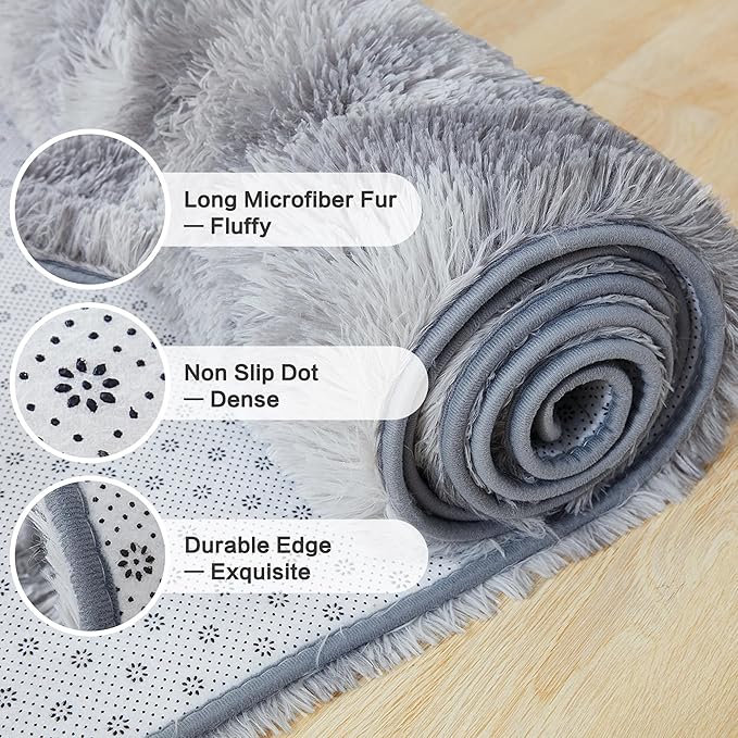 Andency 6x9 Area Rugs, Large Shag Fluffy Soft Shaggy Rugs for Living Room Bedroom, Non-Slip Tie-Dyed Light Grey Thick Plush Carpet for Kids Girls and Boys, Dorm Nursery Home Decor Aesthetic