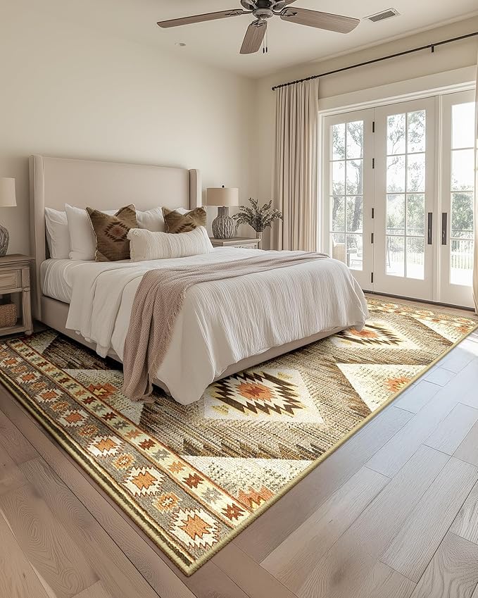 Area Rug 5x8 Rug Machine Washable Non-Slip Low Pile Print Pattern Western Rug for Living Room Bedroom Entryway Tribal Series-Cream/Camel