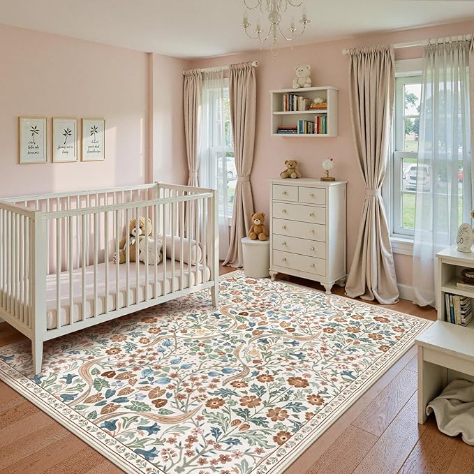 Lahome Floral 8x10 Rugs for Bedroom, Washable Beige Area Rug for Nursery Playroom, Botanical Soft Boho Carpet for Kids Room, Living Room Indoor