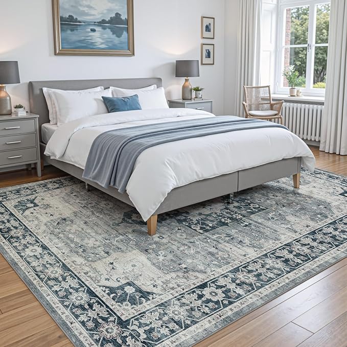 DEXI 5x8 Area Rug for Living Room, Washable Vintage Farmhouse Thin Rug Indoor Floor, Non Slip Stain Resistant Low Pile Carpet for Dining Room Bedroom Office, Blue Grey
