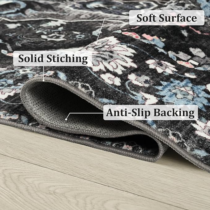 Large Area Rugs 9x12 for Living Room, Bedroom, Washable Vintage Rugs -Low Pile Distressed Rugs for Kitchen, Dining Room, Water Repellent & Non Shedding, Black and Blue