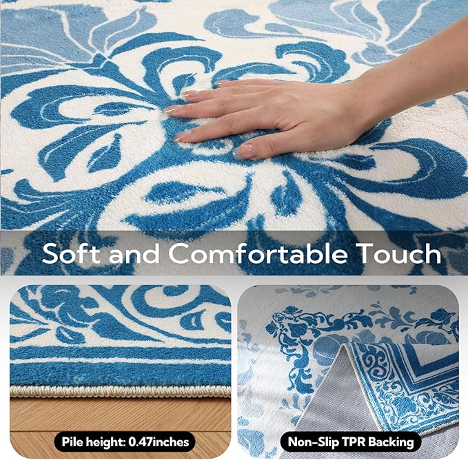 SOULFUL Medium Pile 2x3 Entryway Rug - Soft Foot Feel Small Area Rug - Blue Boho Floral - Washable Non-Slip - Perfect for Hallway Kitchen Bedroom Bathroom Indoor Entrance