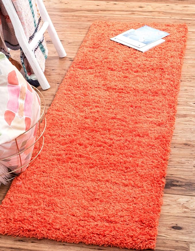 Unique Loom Solid Shag Collection Area Rug (2' 6" x 13' 1" Runner, Tiger Orange)