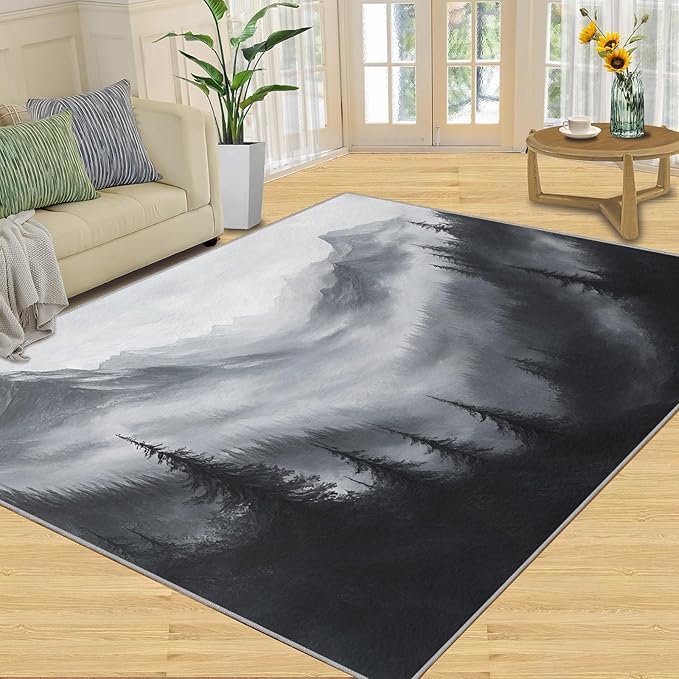 Misty Forest Rugs for Bedroom - 6x9 Area Rug - Modern Black White Art Rugs for Living Room, Natural Landscape Rug, Washable Home Decor Carpet