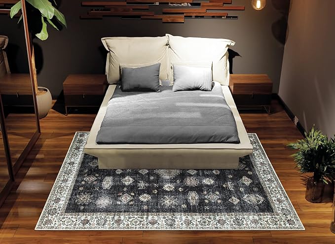 Bloom Rugs Washable Non-Slip 4' x 6' Rug - Black/Ivory Traditional Area Rug for Living Room, Bedroom, Dining Room, and Kitchen - Exact Size: 4' x 6'
